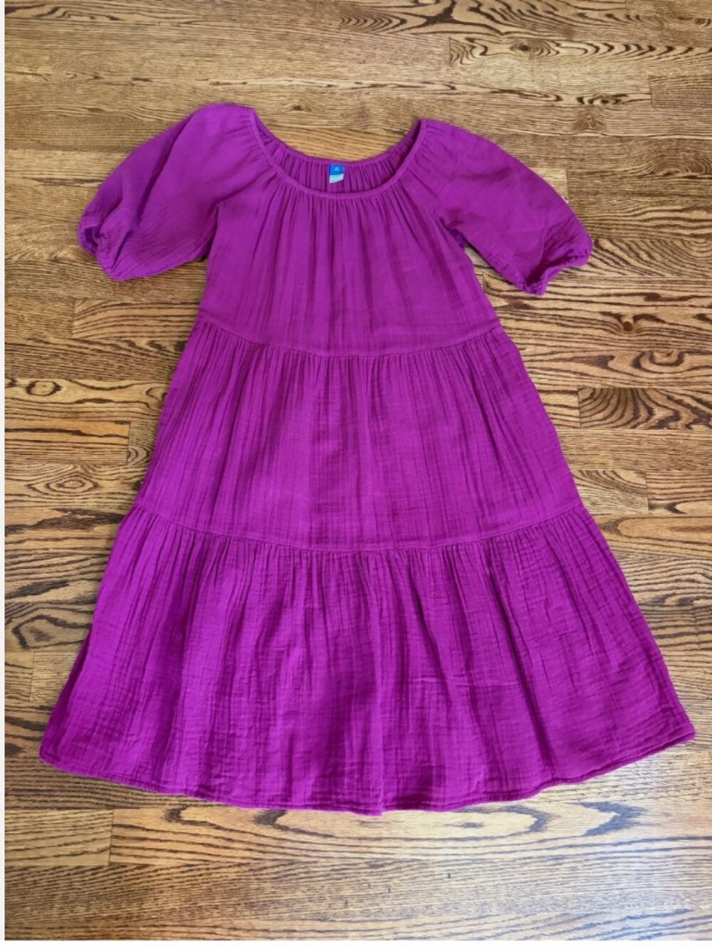 Old Navy Womens Tiered Mini Swing Dress Puff-Sleeve XS Tall Vibrant Pink Pockets